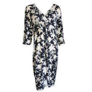 J Jill Dress Womens Size XL Black Tan Floral Pullover 3/4 Sleeve V Neck Stretch